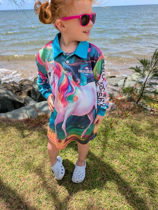 Kids Teal Green Unicorn Fishing Shirts UPF50+ Protection